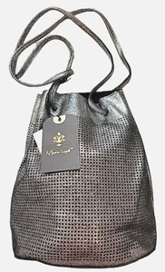 Schwarz Silber Handtasche Bucket Bag Leder Moda Luxe Beuteltasche Wildleder Doppel Schulterriemen - Bild 1 von 5
