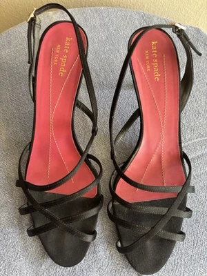 Kate Spade Made in Italy Open Toe Slingback Kitten Heels Black Satin Size 9 - Image 1 of 4