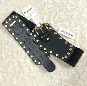True Religion Gürtel Damen Small Medium Schwarz Breit Nieten Retro Stretch Neu mit Etikett - Bild 1 von 11