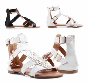 Sandalias de mujer con diseño de volantes y flecos de gladiador de cuero sintético de 2 colores con cremallera trasera - Imagen 1 de 14