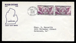 775 3c Stamp (1935) MICHIGAN CENTENARY FDC BY MARTIN CROWL - PLANTY 775 - 28 - Picture 1 of 1