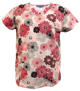 Womens microfiber ultra medical scrub Red gray black sketch flowers M - Picture 1 of 2