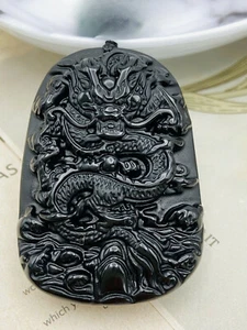 Jade Obsidian Dragon Charm Pendant Necklace Beads Cord Handmade Carved Gemstone - Picture 1 of 3