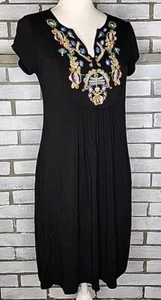 Design History Boho Short Sleeve Shirt Dress Small Black Embroidered Shift Tunic - Picture 1 of 12