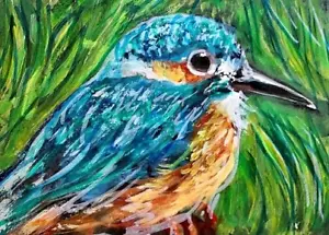 ORIGINAL ACEO PAINTING Kingfisher BIRD Waterfowl Sea Spring Nature Nautical ART - Picture 1 of 1