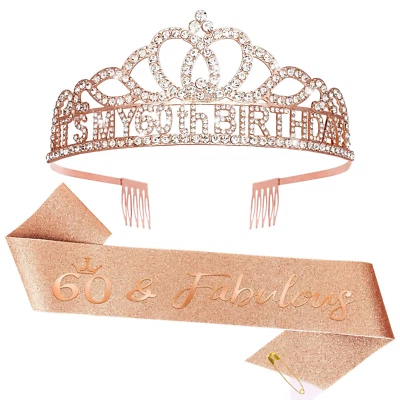 Decoraciones de 60 cumpleaños - Faja y coronas para mujer 60 cumpleaños - Oro rosa Foto 1 de 4