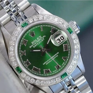 Rolex Lady Datejust Watch Stainless Steel Green Roman Dial Diamond Emerald Bezel - Picture 1 of 22