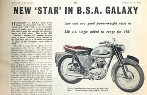B.S.A. '350 STAR' 350cc Single Motor Cycle : 1960 Magazine Clipping - Picture 1 of 1