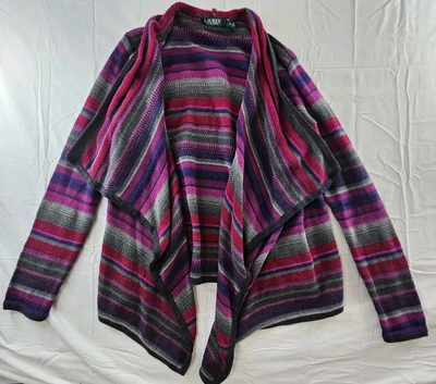 Cárdigan Lauren Ralph Lauren Mujer Talla Mediana Púrpura Rayas Frente Abierto De Gran Tamaño Foto 1 de 4