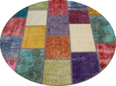 Contemporary Patchwork Round Area Rug 5x5 Distressed Modern Handmade Wool Carpet - Image 1 of 4