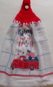 RED Yarn Crochet Top hooray FOR THE USA TRUCK Print Cotton Kitchen Dishtowel - Picture 1 of 3