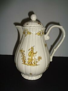 Vintage Salins France Pottery Tall Teapot - White Yellow Mustard Chinoiserie