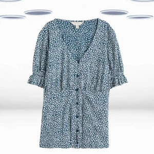 Ex Seasalt Women's Half Sleeve V-neck Jersey Top in Teal Blue Ditsy Floral - Picture 1 of 6