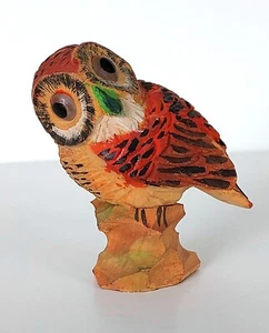 Vintage painted carved balsa wood owl applied eyes red orange kitsch cute - Picture 1 of 9