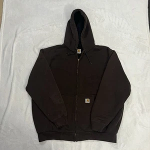 Vintage Carhartt Hoodie Mens XL Faded Brown Rain Defender Thermal Lined Work - Picture 1 of 13