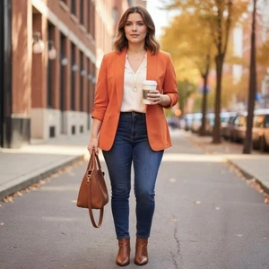Susan Graver Blazer Womens 1X Orange Ruched Sleeve Knit Single Button Stretch - Picture 1 of 11
