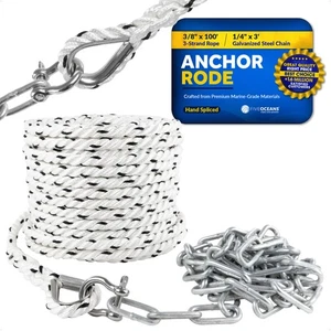 Anchor Rode Nylon 3-Strand 3/8"x100' Rope with 1/4"x3' Galvanized Steel Chain - Bild 1 von 8
