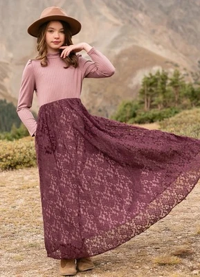 VESTIDO JOYFOLIE Meninas Tamanho 6 BIJOUX EM ORQUÍDEA EMPOEIRADA Gola Alta Saia de Renda Manga Longa - Imagem 1 de 4