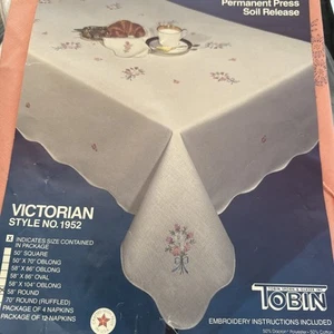 Vtg Tobin Embroidery Victorian Pink Fabric Floral Design 58” Round Tablecloth - Picture 1 of 4