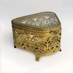 Triangle Jewelry Casket Jewelry Box Gold Lined Filigree Ormolu & Beveled Glass - Picture 1 of 3