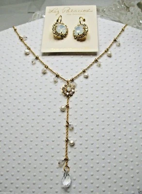 Juego de collar y pendientes Liz Palacios 14KGP perlas genuinas, cristal ópalo blanco NUEVO Foto 1 de 4