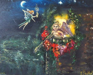 Cupid and Fairy Original Oil Painting, Listed by Artist, UK Seller,Oil on Canvas - Picture 1 of 12