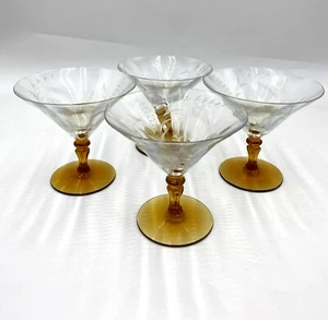 TIFFIN-FRANCISCAN AMBER AND CLEAR ETCHED OPTIC LIQUOR COCKTAIL SET OF 4 - Picture 1 of 12