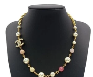 CHANEL Necklace AUTH Coco CC chain Rare Pendant Pearl Choker Pink Stone F/S - Picture 1 of 8