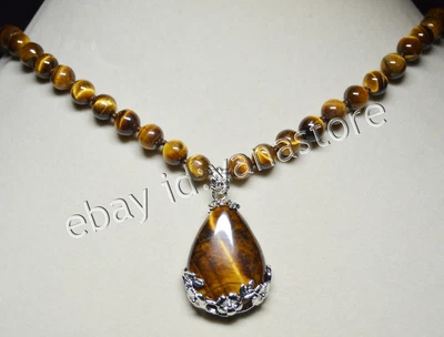 Echte Gelb Tigerauge Edelstein Runde Perlen Halskette Drop Anhänger 16-28"6-12mm - Bild 1 von 4