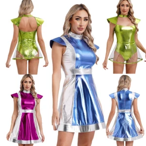 Women Alien Cosplay Costume Metallic Shiny Bodysuit Catsuit Transparent Skirt - Picture 1 of 36