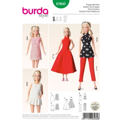 BURDA 6960 DOLLS CLOTHES DRESSES Sewing Pattern 29cm 11.5" Doll Skill: EASY - Image 1 of 4