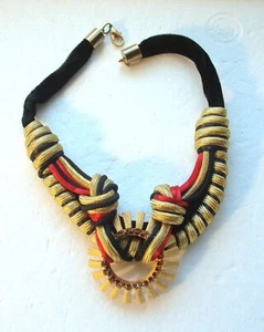 Vintage Tribal, Ethnic Choker Necklace, Fabric, Metal, Ruby Red Rhinestones, 14" - Picture 1 of 4