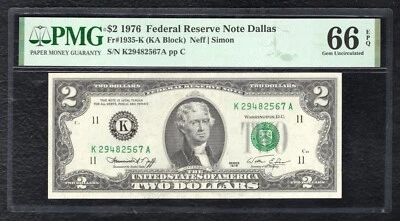 FR. 1935-K 1976 $2 FRN FEDERAL RESERVE NOTE DALLAS, TX PMG GEM UNC-66EPQ - Image 1 of 2