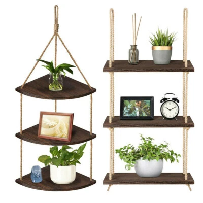 3 Tier Vintage Shabby Chic Solid Wood Rope Hanging Wall Shelf Home Storage Decor - image 1 of 4