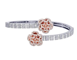 Baguettes n Roses 2 3/4 CT Real Diamond Bangle Bracelet White-Rose Gold 5MM S2.4 - Picture 1 of 5