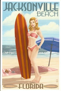 Postkarte Retro Pinup Surfer Girl Jacksonville Beach Florida FLA  - Bild 1 von 2