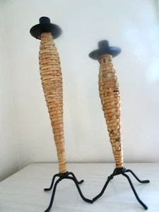 Pair of Rattan Candle Holders-Black Metal-17"14"-Inside/Outside Usage 1" Tapers - Picture 1 of 7
