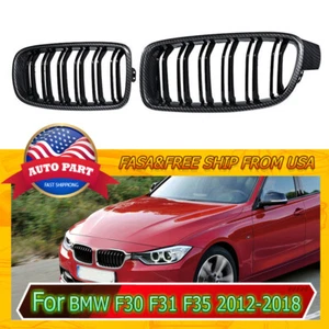 2x Carbon Fiber Black Front Grille/Grilles Kidney Cover For BMW 3-Series F30 F31 - Picture 1 of 7