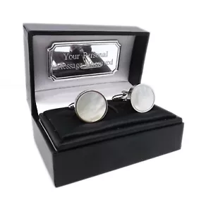 Silver Mother of Pearl Shell Mens Wedding Gift Cufflinks + Personalised gift Box - Picture 1 of 8