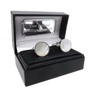 Silver Mother of Pearl Shell Mens Wedding Gift Cufflinks + Personalised gift Box - Image 1 of 4