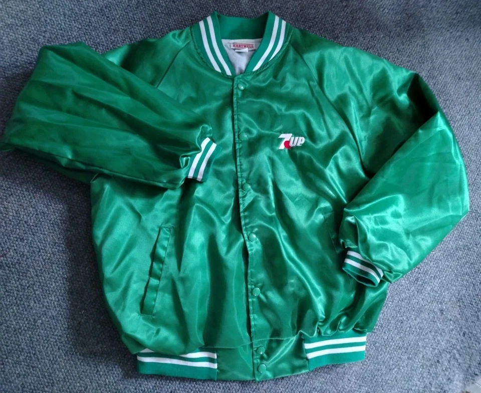 L Green Vintage 7-UP Soda hartwell  Satin Bomber Jacket. Retro shiny varsity - Image 1 of 4