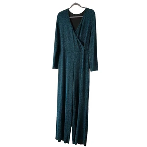 Women's XXL Black Teal Sparkle Long Sleeve Jumpsuit Ribbed Stretch Surplice Wrap - Picture 1 of 10