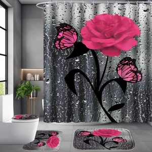 4 Pcs Bathroom Set,Pink Rose Shower Curtain Sets, Romantic Shower Curtain Set... - Picture 1 of 6