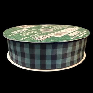 Kirkland Wire-Edged Ribbon 50 Yards Green & Black Buffalo Plaid Pattern Wrapping - Picture 1 of 5