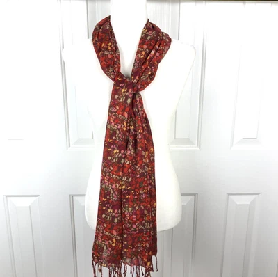 J Jill Bufanda Envoltura Rojo Flecos Borlas Abstracto Ligero Boho 22 x 70 Foto 1 de 4