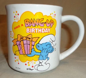 Taza de café Pitufo 1982 Los Pitufos Taza Broma Pitufo Have a Bang Up Cumpleaños - Imagen 1 de 3