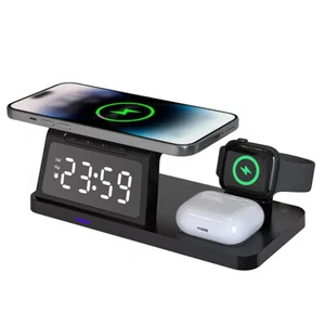 NEW Wireless Charging Station 5in1 Wireless Charger Stand w/ Alarm Clock Nlight - Picture 1 of 24