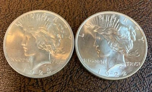 PAIR BU $1 1922 & 1923 Peace Silver Dollars Unc MS 90% 2 Coin Collection Lot - Picture 1 of 3