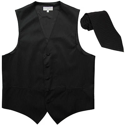 New Men's Vertical Tone on Tone stripes tuxedo Vest Waistcoat & necktie Black - Image 1 of 4