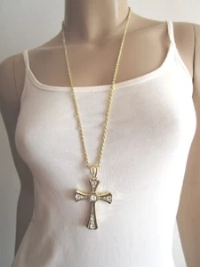 Damen Hals Kette Modekette Modeschmuck lang Gold XL Anhänger Strass Kreuz k297j8 - Bild 1 von 5